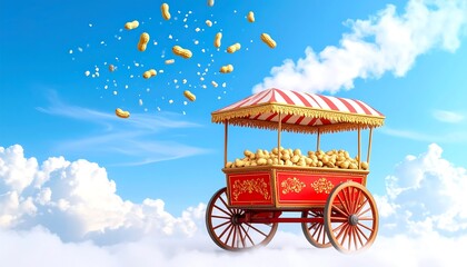 Floating Peanut Cart Amidst Clouds and Falling Peanuts.