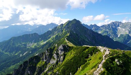 Naklejka premium A scenic mountainous landscape under a bright, partly cloudy sky. 