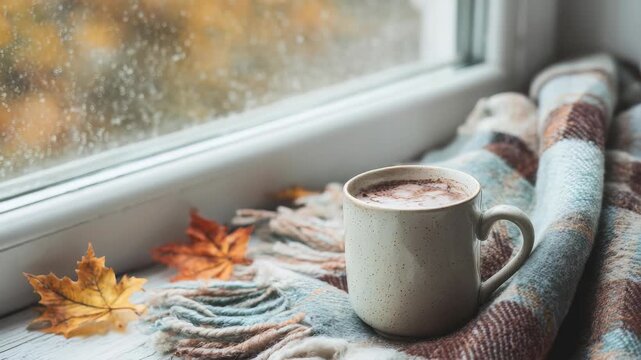 A comforting scene featuring a hot drink in a mug, a cozy blanket, and bright fall leaves on a windowsill as rain taps outside. Evokes relaxation, warmth, and the enchanting atmosphere of autumn for