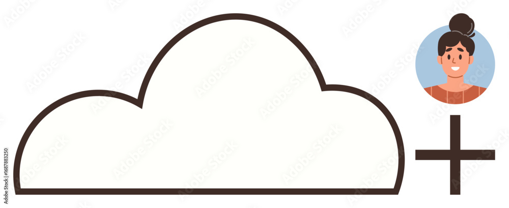 Poster cloud outline with simple avatar portrait and plus sign. ideal for cloud service, user management, a