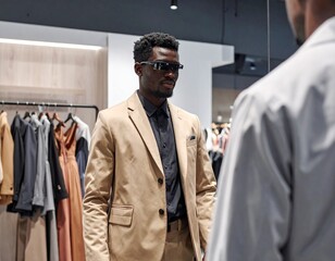 Customer using augmented reality in clothing store mirror, trying virtual outfit.