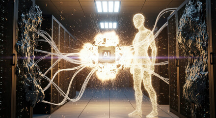 Human-Machine Interface: A futuristic concept of a glowing human figure or avatar connected to an AI core, symbolizing consciousness, biotechnology, digital soul, and the singularity.