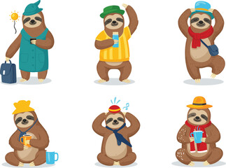 Cute cartoon sloths in seasonal outfits for summer, autumn, winter, holding drinks, mugs, thermos, funny animal character vector art for weather theme, cad drawing flat vector illustration