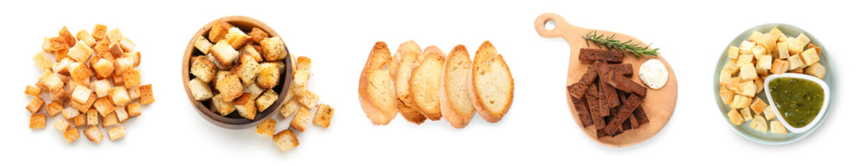 Set of tasty croutons on white background, top view