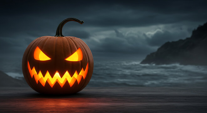 Glowing jack-o'-lantern on a stormy beach at night.