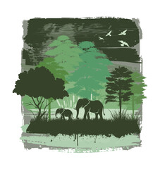 A majestic landscape portraying a serene African wilderness scene with elephants, ideal for nature-themed art and conservation projects.