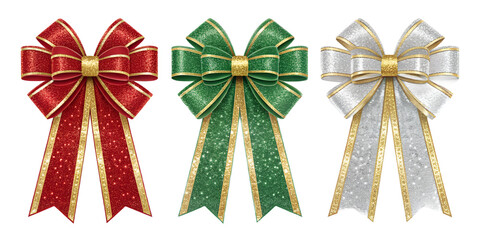 Christmas glitter gift ribbons PNG set –  different designs in red, green, gold and silver, sparkling holiday decorations, isolated on transparent background, photorealistic