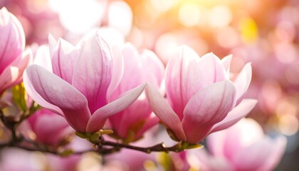 Obraz premium Pink magnolia blossoms in sunlight