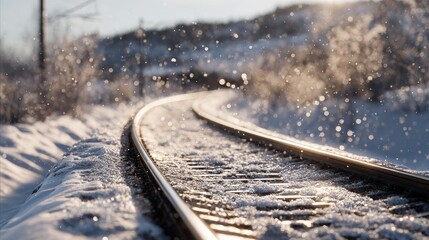 Fototapeta premium Snowy Train Tracks With Sparkling Snowflakes