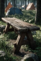 Naklejka premium Rustic Wooden Bench In Forest Campground