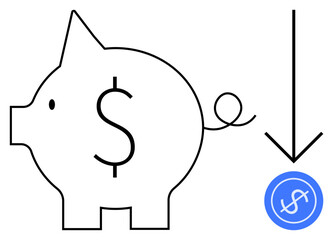 Piggy bank with dollar sign and downward arrow pointing to a dollar coin. Ideal for finance, savings, budget management, economic downturn, cost reduction, monetary planning, simple flat metaphor