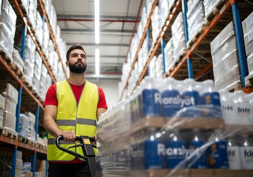 Warehouse Worker in Safety Vest Pushing Pallet Jack with Water Bottles - Powered by Adobe
