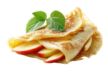 Close-up of a folded crepe, filled with sliced apples and topped with fresh mint leaves.  A light dusting of sugar is visible
