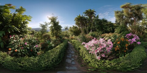 Exploring a vibrant tropical garden scenic nature pathway outdoor environment panoramic view serene concept