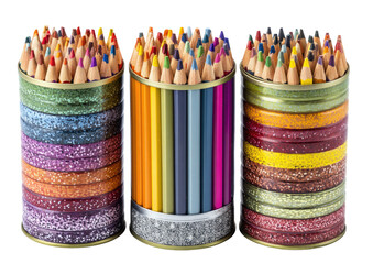 Colorful pencils in stacked, decorative tins