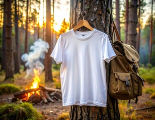 White t-shirt mockup hanging on tree with backpack near campfire in forest, perfect for outdoor adventure branding.