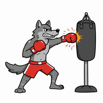 Aggressive wolf boxer training hard with punching bag, fierce determination