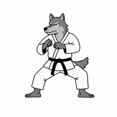 Fierce wolf warrior in karate gi ready for combat in powerful stance