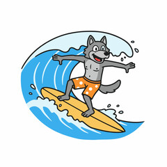 Joyful wolf surfs massive ocean wave with excitement and style