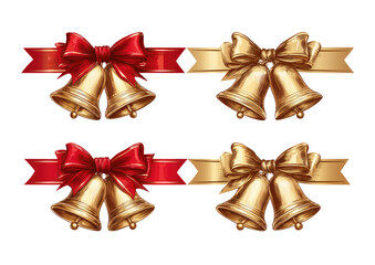 Four Christmas-themed decorative elements.  Two pairs of gold bells, each with a matching red and gold ribbon bow.  The ribbons are in contrasting colors