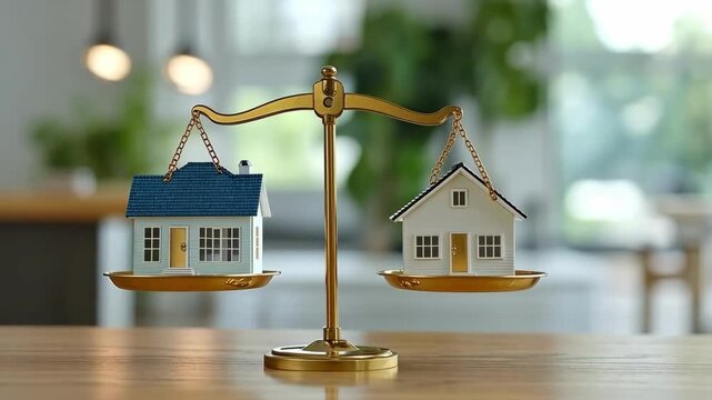 House models on scales, balancing property value and real estate investment.