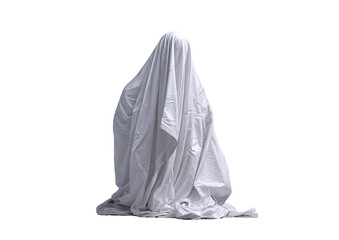 A shrouded figure, white cloth draped, seated posture