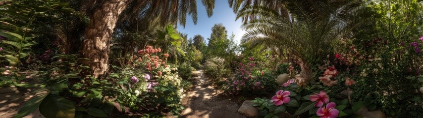 Fototapeta premium Exploring vibrant floral pathways in a serene garden retreat nature paradise 360° view tranquil atmosphere