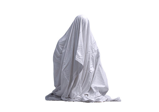 A shrouded figure, white cloth draped, seated posture