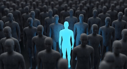 Obraz premium Individuality leadership uniqueness standing out crowd leader difference blue human figures choice identity concept success motivation inspiration standing out from the rest