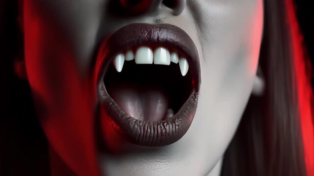 Terrifying vampire with fangs bared, ready to strike in the dark.