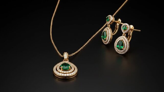 Gold necklace and earrings with green stones and diamonds are displayed on a black surface