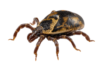 Close-up of a tick with a mottled, brownish-tan and black body.  Distinct, segmented, reddish-brown legs