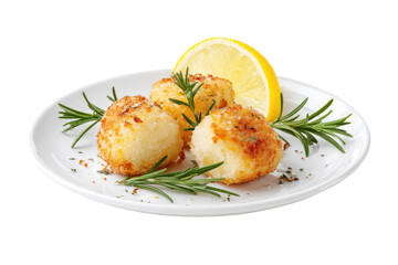 Three golden-brown, small, crispy balls, likely cheese or bread, on a white plate, with fresh rosemary sprigs and a lemon slice