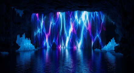 Futuristic Ice Cave with Illuminated Digital Waterfall and Neon Glow Reflection