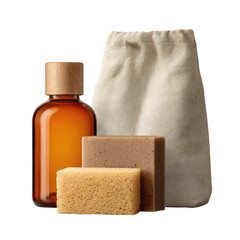 Amber glass bottle, natural soap, and sponge in a canvas bag