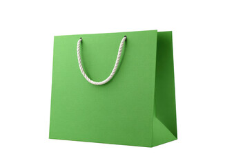 Bright lime green paper shopping bag.  Simple design with white rope handles.  Solid color,  isolated on black background