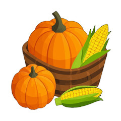 Vector art of a bountiful harvest of pumpkins and corn in a rustic basket
