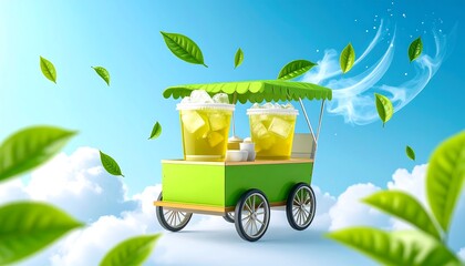 Refreshing Iced Tea Cart A Whimsical 3D Render of a Green Tea Cart with Iced Tea Floating Leaves and a Cloudy Sky.