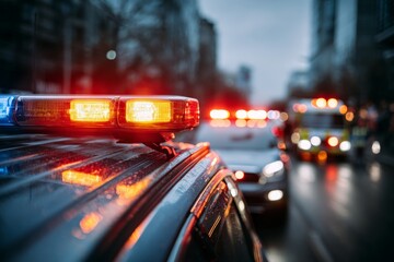Emergency response team in action at dusk, police and ambulance working together in the city streets