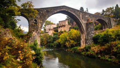 A scenic view of an ancient stone bridge arching over a calm river, leading to a cluster of buildings.
