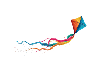 Colorful kite with vibrant trailing ribbons against a black background