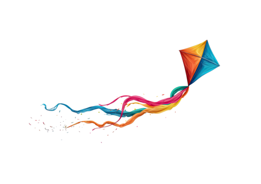 Colorful kite with vibrant trailing ribbons against a black background
