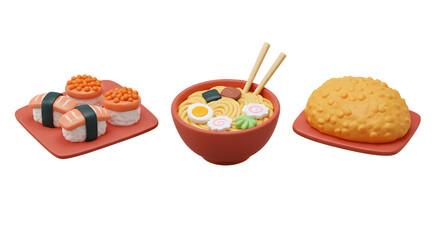 3d Cute Cartoon Japanese Food Sushi Ramen Tempura Isolated Transparent Background