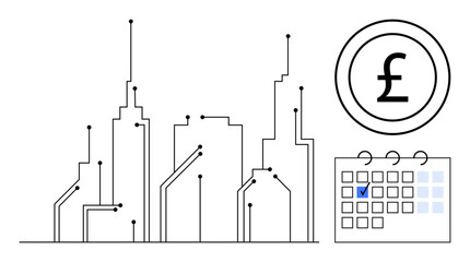Urban tech skyline with circuit-style elements, pound symbol inside a circle, and calendar highlighting a date. Ideal for finance, technology, smart cities, planning, investment, digital economy