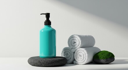 Elegant turquoise dispenser contrasts with textured stone near neatly stacked white towels adding spa freshness and minimalist appeal