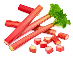 Fresh red rhubarb stalks and pieces against white background
