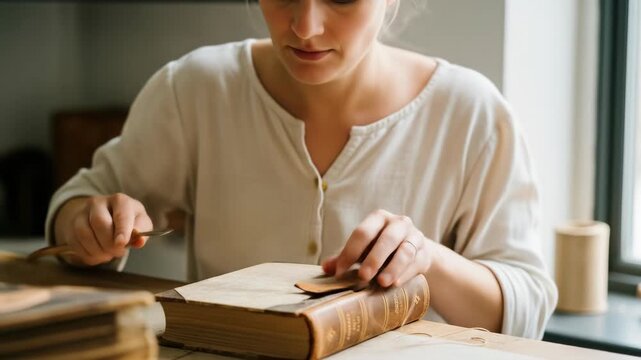 Blonde Woman Crafting Book Binding with Knife at Wooden Table in Bright Interior