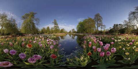 Spring bloom of tulips by tranquil lake garden landscape nature photography serene environment wide-angle view