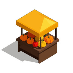 Vector art of isometric illustration of a market stall filled with pumpkins and one red apple