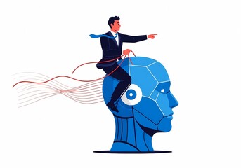 Businessman Riding and Controlling an AI Robot Head